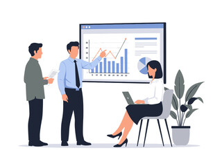 Business team discussing data on screen with bar chart and pie chart in meeting room with plant