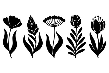 Simple black flower silhouettes set wild herbs and plants vector collection