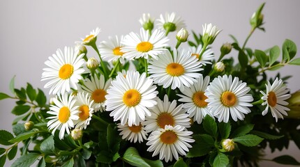 Fototapeta premium Fresh White Daisy Flower Bouquet with Green Leaves – Natural Floral Background
