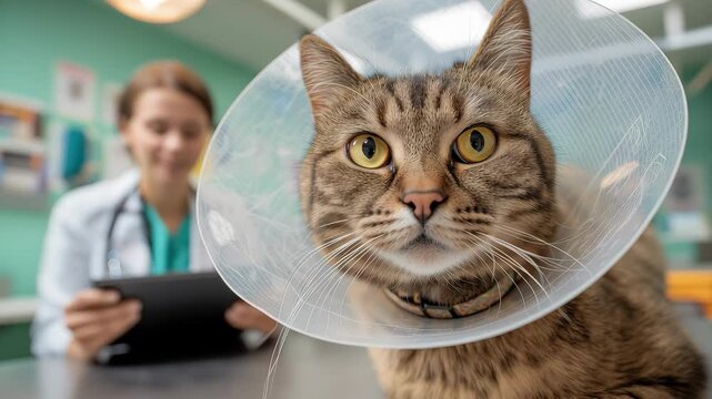 Tabby cat with a cone of shame at the veterinary clinic after surgery