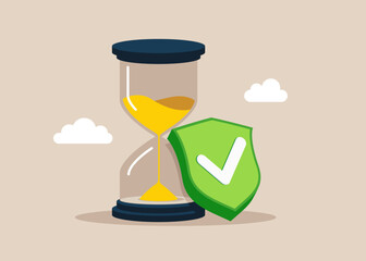 Hourglass with green shield check mark. Project deadline, running of  timely time or time management. Analysis optimization, monitoring, task management, work planning, productivity. Flat vector illus