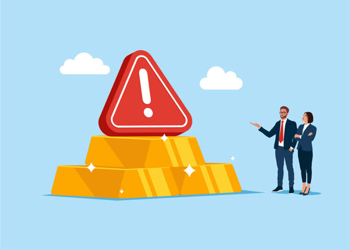 Stack of gold bar bullion with exclamation attention sign. Gold investment, safe haven in financial crisis or wealth management and asset allocation. Flat vector illustration