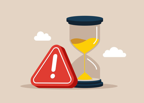 Hourglass with exclamation attention sign. Project deadline, running out of time or time management. Large error. Flat vector illustration