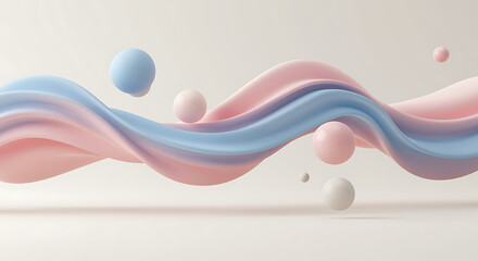 Soft pastel pink and blue wavy fabric with floating spheres abstract background