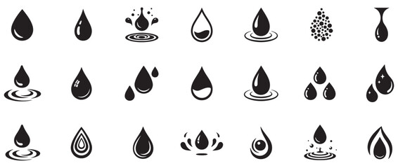 Versatile graphic resource showcasing twenty-one distinct water drop and liquid dynamic symbols, perfect for purity and hydration concepts