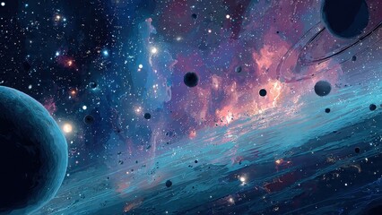 Abstract cosmic deep space background with blue planet, colorful nebula, and star field digital art