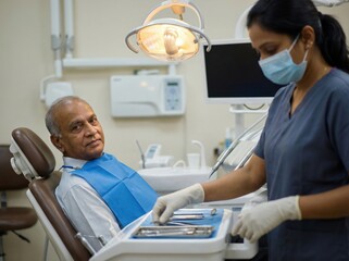 Indian dental clinic with a patient and dentist in a treatment room at midday