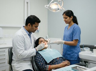 Dentists treat patient in clinic during consultation for dental health in India