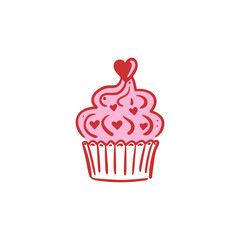 Cupcake with heart shaped decoration and pink frosting. Cute hand drawn simple dessert. Vector illustration for Valentine's Day, greeting card, invitation, poster, banner