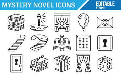 Vector Line Icons for Mystery Novels, Crime Stories, and Detective Puzzles.