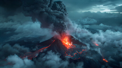 Dramatic volcanic eruption with massive smoke and lava flow in scenic landscape