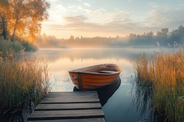 Obraz premium Peaceful sunrise over tranquil lake with orange boat and wooden dock