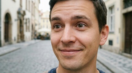 Tourist enjoys walking down a cobblestone street in an old town during a sunny day while exploring local culture and sights