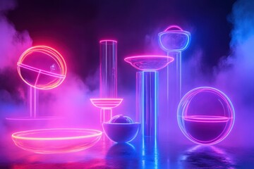 Colorful neon light sculptures in a misty atmosphere at night