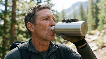 Hiker drinks from stainless steel bottle while taking a break in the forest during an outdoor adventure