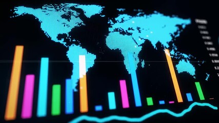 A digital world map with colorful bar graphs and data visualizations, representing global statistics and analytics - Powered by Adobe