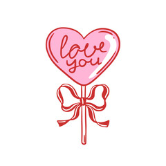 Pink heart-shaped lollipop with Love You text and a red bow. Hand drawn vector candy with romantic message. Love, sweetness, and Valentine's Day concept. Design for greeting card, invitation, poster.