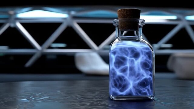 A square glass bottle with a cork stopper contains swirling blue energy. It sits on a reflective surface against a blurred background