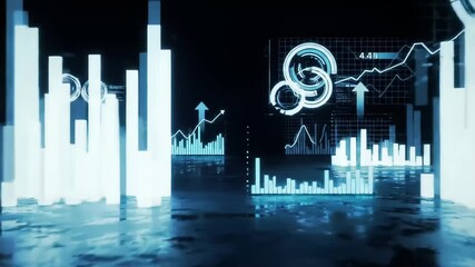 Futuristic data visualization with glowing bar graphs and circular graphs on a dark background - Powered by Adobe