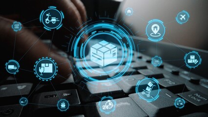 Goods delivery tracking icons show shipping, goods delivery routes, and loFunnelics monitoring....