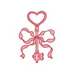 Heart shaped key with polka dot pink ribbon bow. Hand drawn vector illustration with red outline. Love, romance, and Valentine's Day concept. Romantic design for greeting card, invitation, poster.