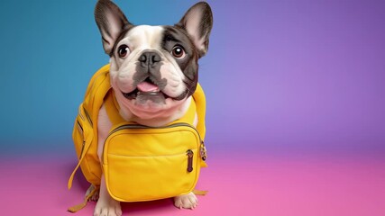 Cute French bulldog wearing a bright yellow backpack in a studio with pastel background, playful pet portrait showing fashion, humor, and modern lifestyle