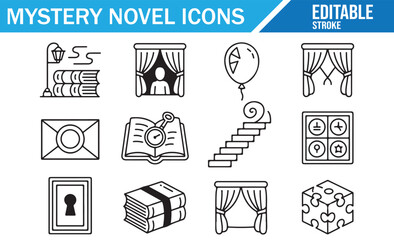 Mystery Novel Icons Set. Vector Line Art Symbols for Detective Stories, Crime Fiction, Puzzles, and Clues. Includes Books, Keyhole, Curtains, and More.