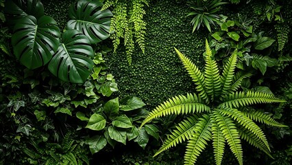 Lush green tropical foliage with monstera and ferns
