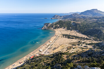 View of Tsambika Beach from above vacation at the Aegean Sea Rhodes island, Greece