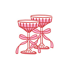 Vector illustration of two elegant champagne glasses with ribbon bows, ideal for romantic celebration, wedding, or Valentine's Day. Hand-drawn cocktail saucers for greeting card, invitation, poster