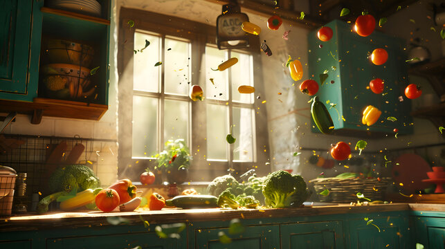 Cinematic kitchen scene with flying vegetables in sunlit atmosphere - Powered by Adobe