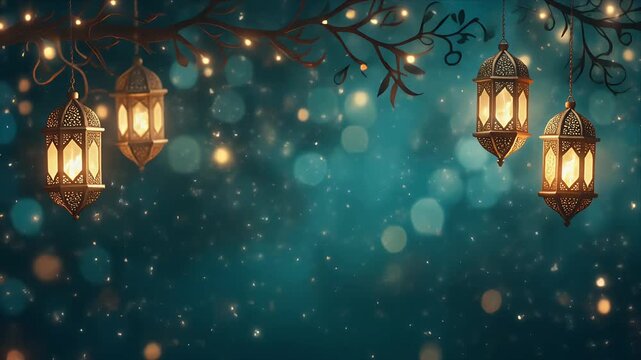 Elegant hanging lanterns on tree branches with sparkling lights