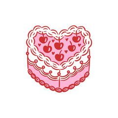 Heart shaped pink and red wedding cake with cherries and decorative icing details. Hand drawn vector illustration. Love, romance, and Valentine's Day. Design for greeting card, invitation, poster