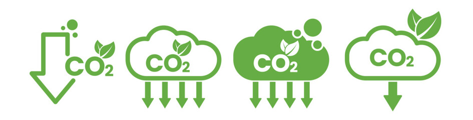 Low Carbon Emission & CO2 Reduction Icons: Eco-Friendly Net Zero Green Energy Symbols