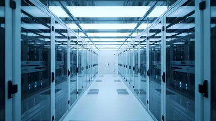 Modern data center with rows of server racks and bright lighting. - Powered by Adobe