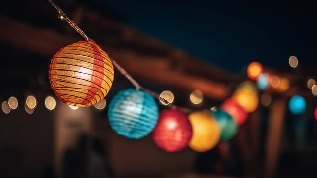 A string of colorful, illuminated spherical decorations hang in a row. A warmly lit lantern is at the front. The background is blurred