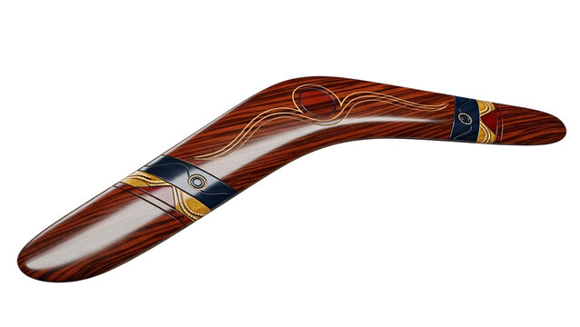 Majestic, dynamic boomerang, expertly crafted from dark Australian ironbark wood with hand-carved Aboriginal motifs in red, ochre, blue. Perfect for travel, cultural, educational content,