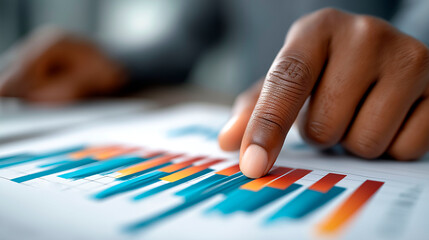 African American businessman analyzing colorful bar graph with finger pointing on financial report