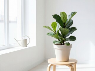 Fiddle leaf fig houseplant by window in bright minimal room