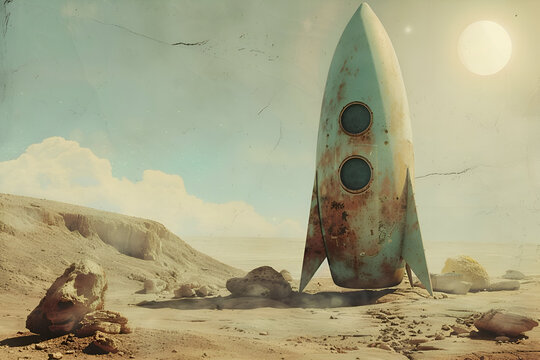 Vintage spacecraft on an alien desert landscape under a bright sun