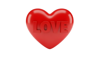 Red 3D Heart with 'LOVE' Embossed on Transparent Background