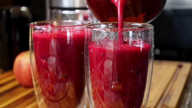 A refreshing red drink being served in a glass filled with ice cubes.