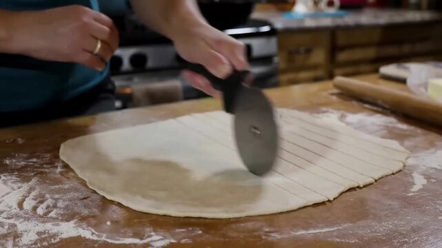 A person using a roller cutter on a large piece of flat dough in preparation for baking.