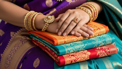 Woman's hands adorned with jewelry resting on colorful silk fabrics.