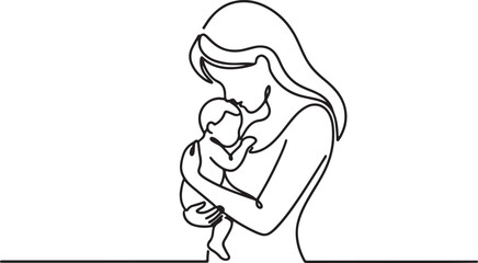 Fototapeta premium Black and white line of a woman holding a baby close to her chest also transparent background line woman