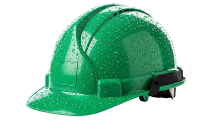 Green Hard Hat with Water Droplets on Transparent Background