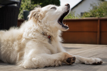 White Dog Yawning Outdoors