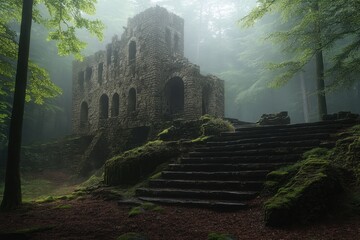 Mysterious stone ruins surrounded by fog in a lush green forest