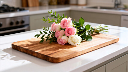 Pink and White Rose Bouquet on the Kitchen Countertop