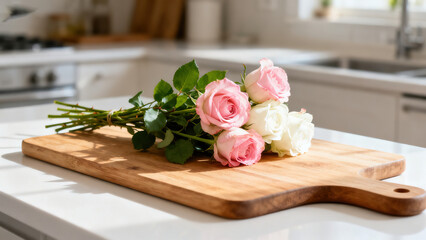 Pink and White Rose Bouquet on the Kitchen Countertop